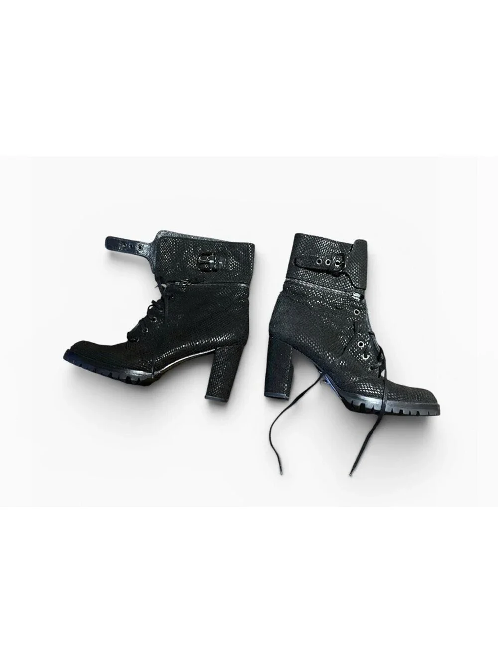 Stuart Weitzman Black Reptile Platform Lace Up Boots Women's 7.5 Estimated